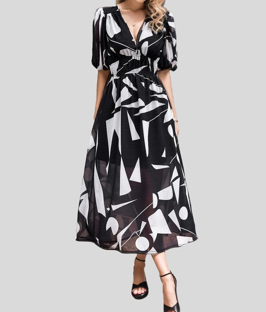 Abito stampato con scollo a V e vita stretta - Moda Primavera/Estate per Donna