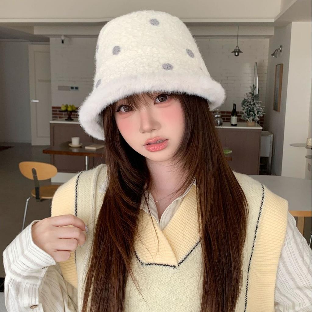 New Polka Dot Plush Bucket Hat Women, Plush Lamb Edge Warm Basin Hat Outdoor Cold-proof Face Hat