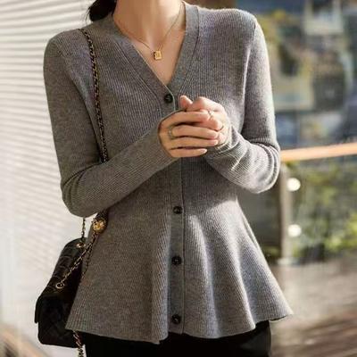 Designer Fishtail Hem Waist Slimming Knit Sweater Women Autumn Winter V Neck Versatile Cardigan Top