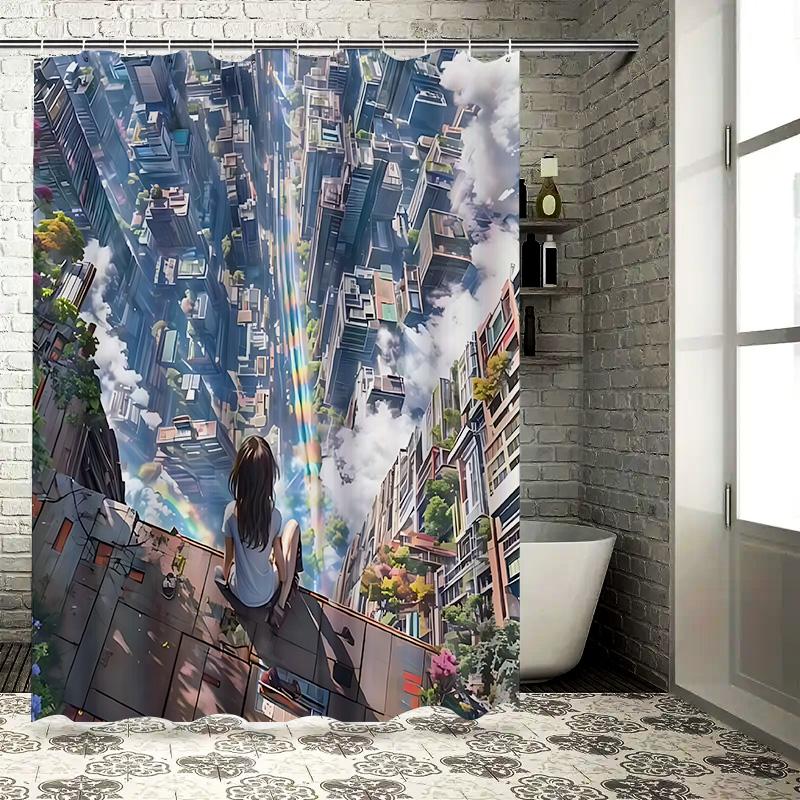 

Cyberpunk Cityscape Shower Curtain Girl Overlooking Futuristic Urban Skyline With Rainbow And Greenery Artistic Bathroom Decor W60H190(CM)-1 Pcs