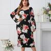 Women's Vintage Long Sleeve Dresses Square Neck Plus Size for Female Slim Bodycon Dress Fashion Flower Printing Dress Elegant Party Dress