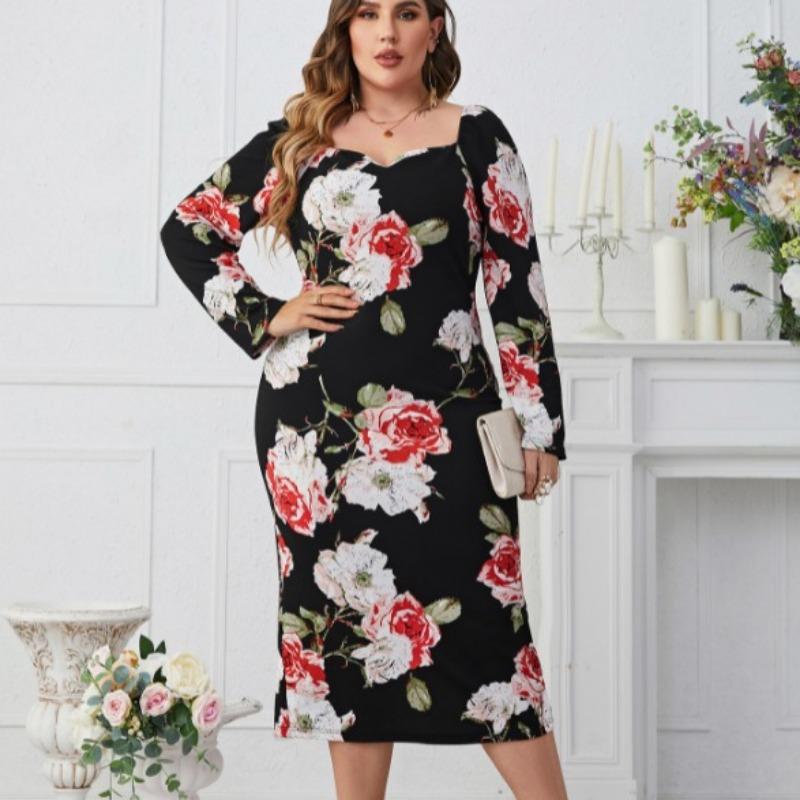 Women's Vintage Long Sleeve Dresses Square Neck Plus Size for Female Slim Bodycon Dress Fashion Flower Printing Dress Elegant Party Dress