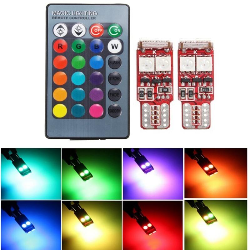 2pcs T10 W5W LED RGB Remote Control Lights Indicator Bulb Car Interior Wedge Side Lamps