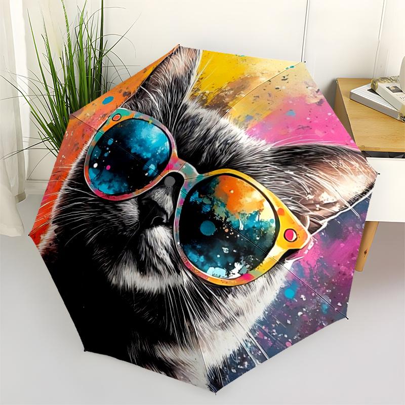 1pc Automatic Folding Umbrella with Colorful Cat Design, 8-Bone Iron Frame Outdoor Umbrella for Festivals, Travelers, Daily Use, and Gifts.K003