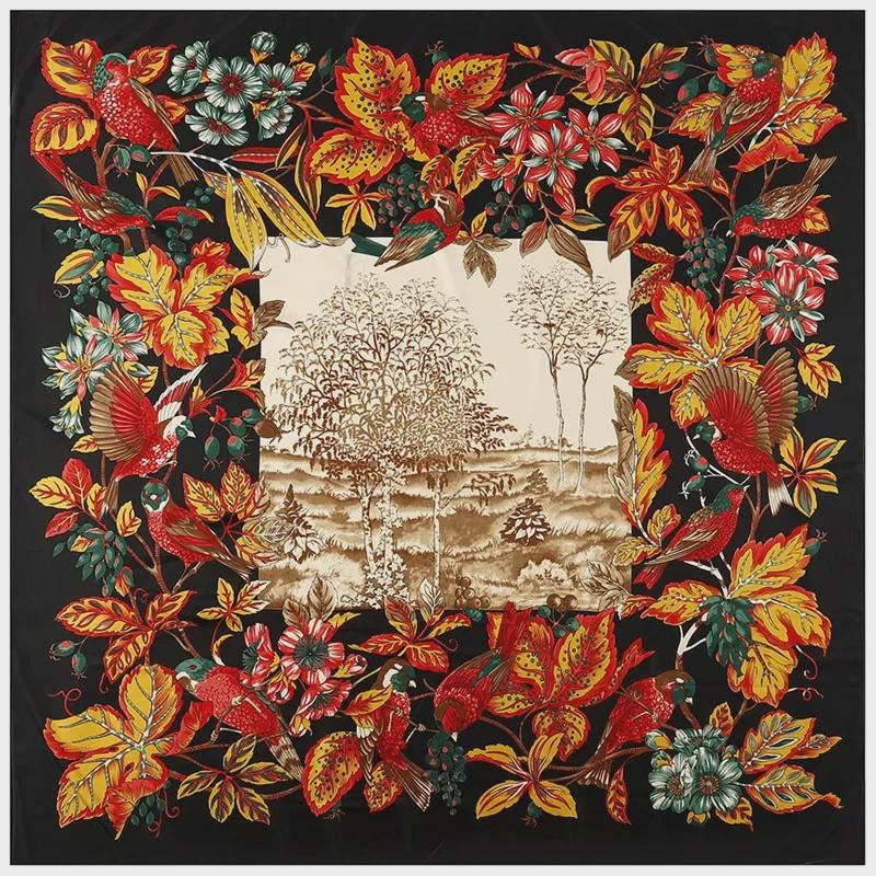 "New European and American Jungle Floral Bird Print 130cm Silk Twill Satin Square Scarf Shawl"