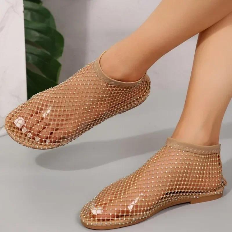 

Crystal Loafers Woman Luxury Designer Mesh Flats Casual Walking Shoes 2024 Summer Shallow Dress Cool Boots Versatile Sandalias 35 золотий