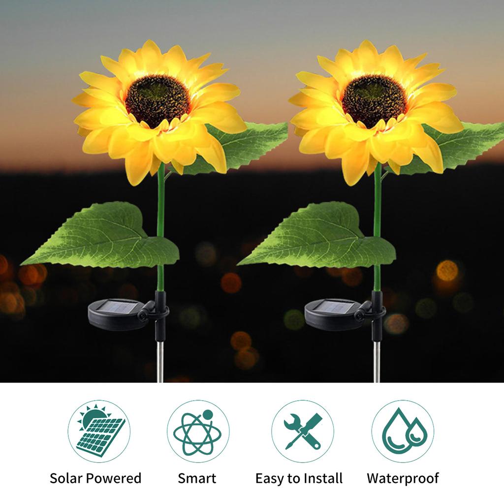 2Pack Sunflower Shape LED Solar Lights Outdoor Garden Stake Lights Warm White Decorative Lamp Waterproof Auto On Off