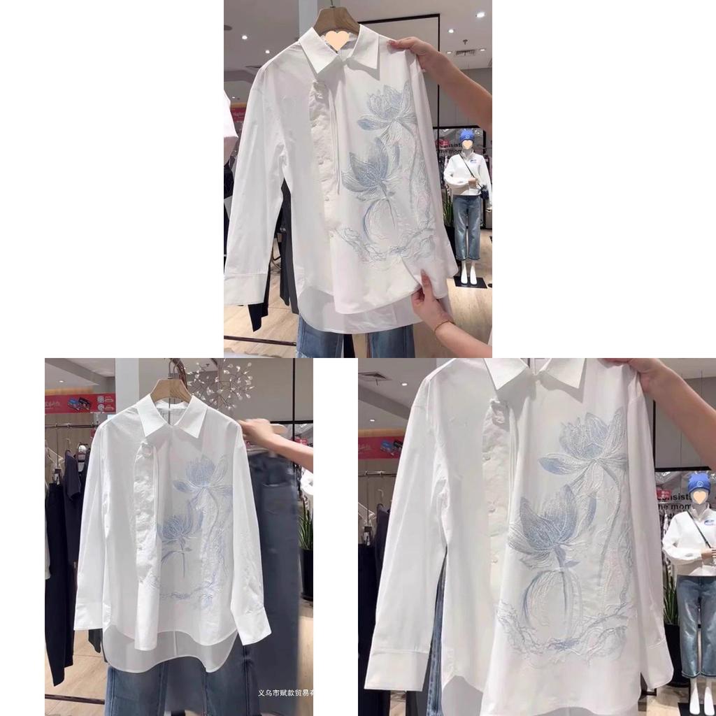 Modern Chinese Style Embroidered Long Sleeve Shirt With Polo Collar For Office Wear