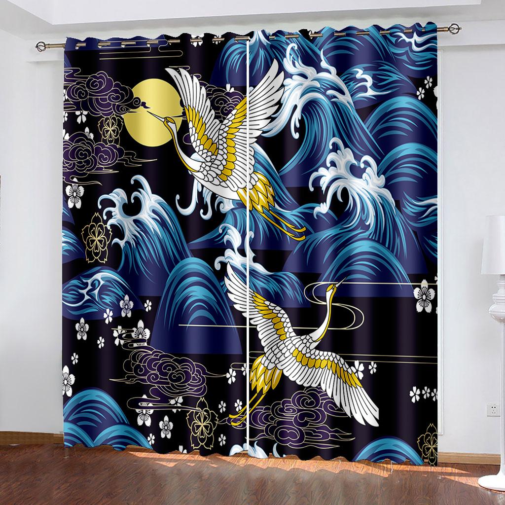 3D Tier Weißer Kranich Serie Verdunkelungsvorhänge 2 Stück Wohnzimmer Schlafzimmer Heimdekoration Haken Ösen