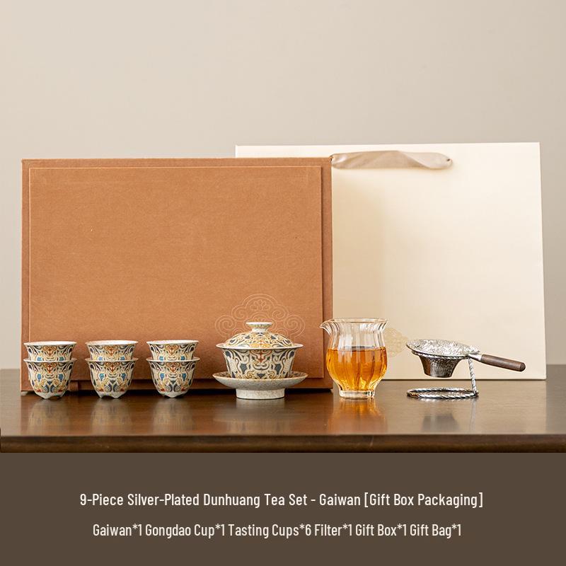 Dunhuang Silver-Inlaid High-End Retro Kung Fu Tea Set: Light Luxury Chinese-Style Tea Brewing and Drinking Gift Box