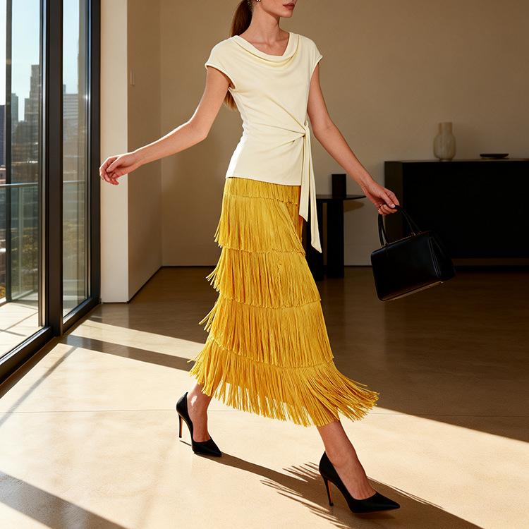 Elegant Rose Red Tassel High-Waisted Skirt for Women