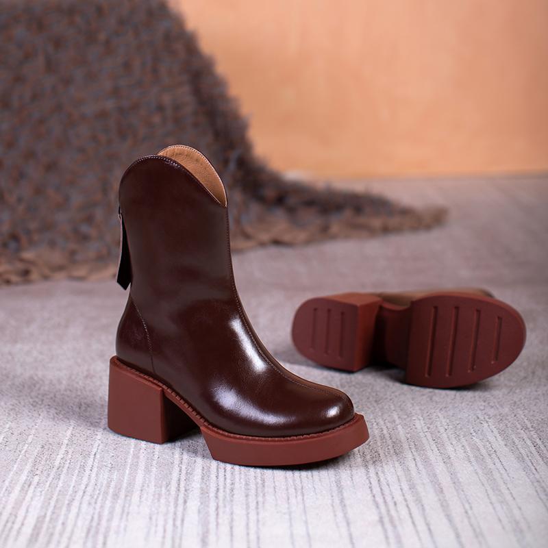 Fashion 2025 Winter New Women Boots Women Shoes Round Toe Square Heel Real Wool Thick Heel Short Boots Solid Color Womens Platform Heels