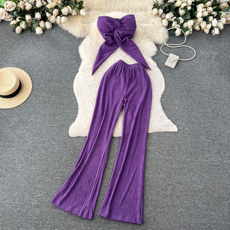 

Stylish Asymmetrical Twisted Hot Tube Top Tops Women s High Waist Drooping Long Pants Vacation Style Wear Two-piece Set Purple One size