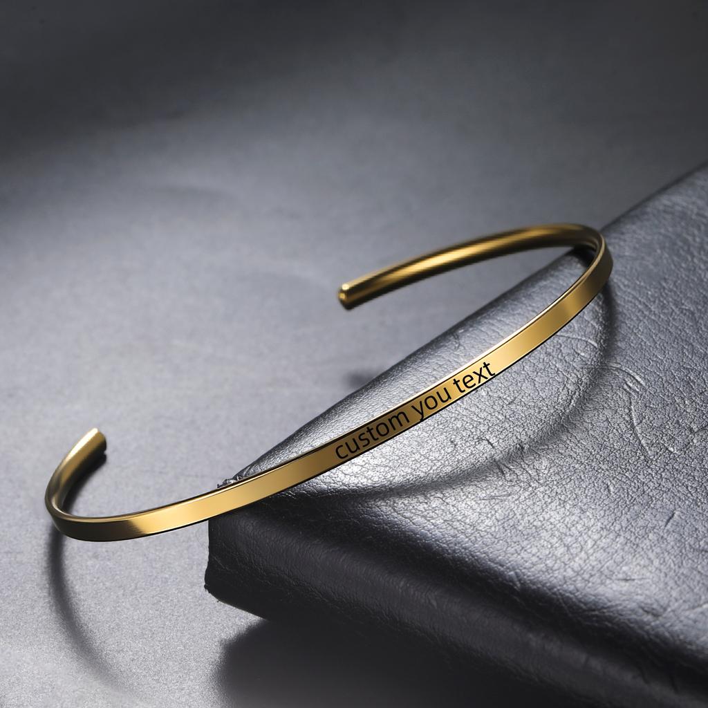 Customized Name Date Quote Bracelet Stainless Steel Personalized Carving Name Minimalist Open Bracelet Fashion Party Gift