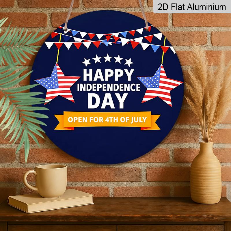 2D Flat, 1pc Round "Happy Independence Day" Aluminum Hanging Sign, Patriotic USA Flag Star Bunting Design, Rustic 4th of July Metal Wall Decor