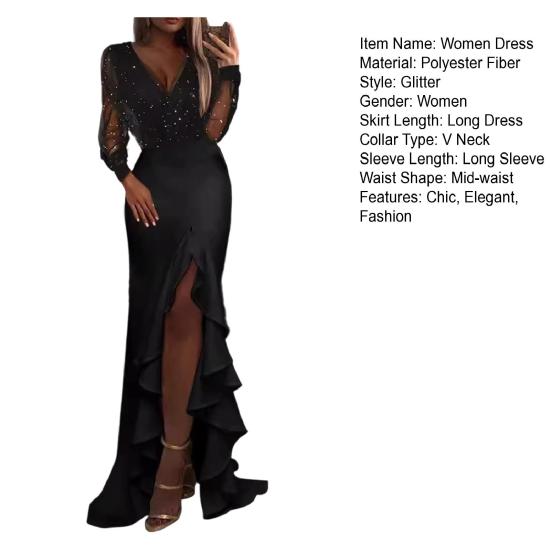 Sexy Bodycon Maxi Dress for Women V Neck Long Sleeve Mesh Sequin Dress Ruffle Side Split Wedding Guest Cocktail Party Dress