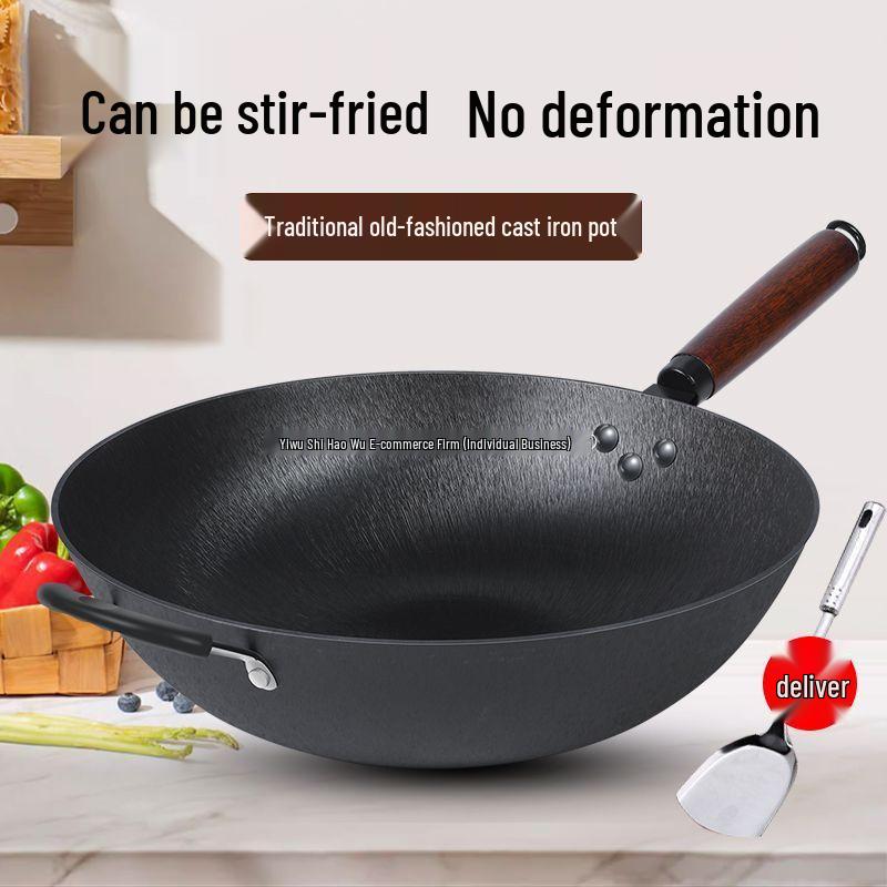 Traditional Cast Iron Non-Stick Stir-Fry Pan for Gas and Induction Stoves