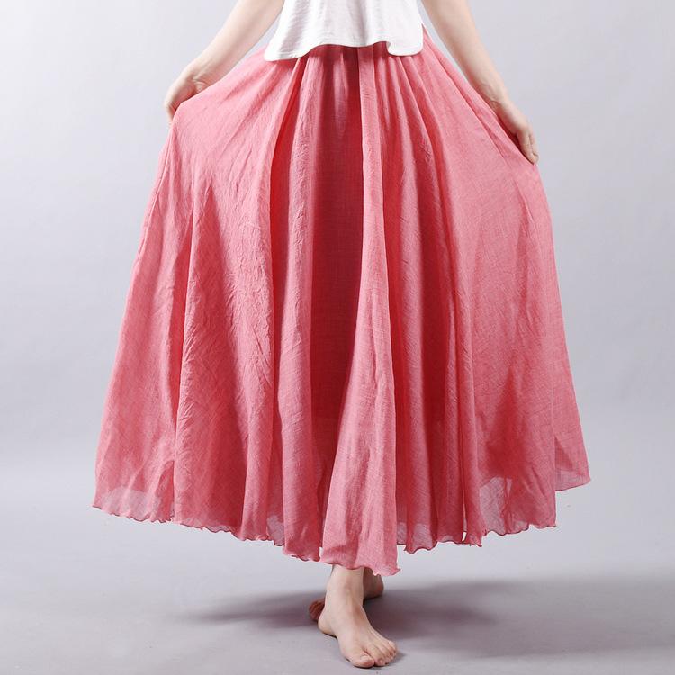 Women's Elegant High Waist Linen Maxi Skirt Summer Ladies Casual Elastic Waist 2 Layers Skirts Saia Feminina
