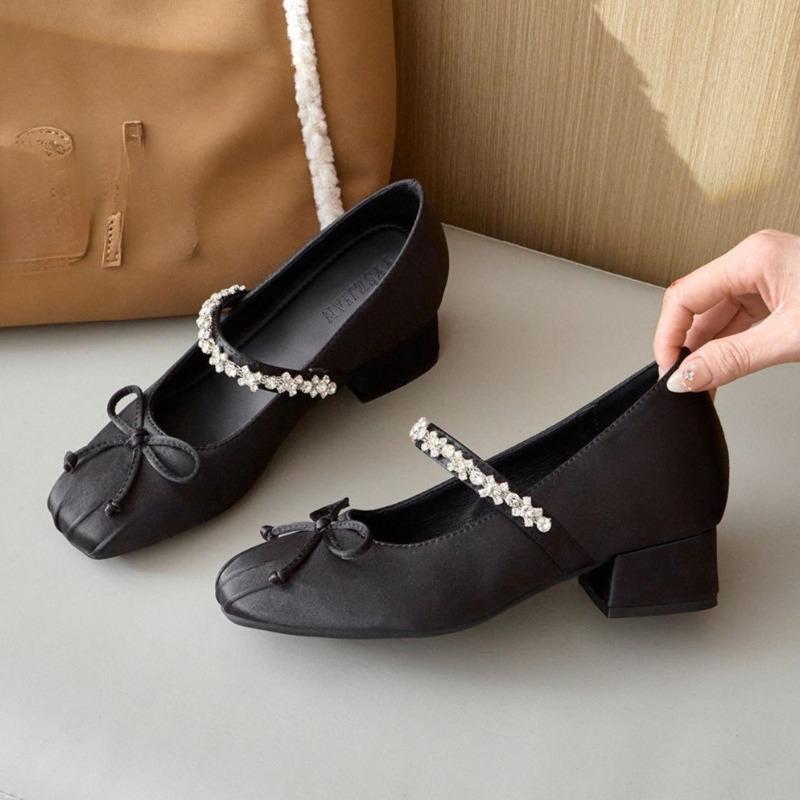 Fashion Women Mid Heels Bow Shoes Crystal Heeled Ballet Dance Shoes Designer Luxury Summer Pumps 2025 New Brand Marry Jane Shoes Zapatos