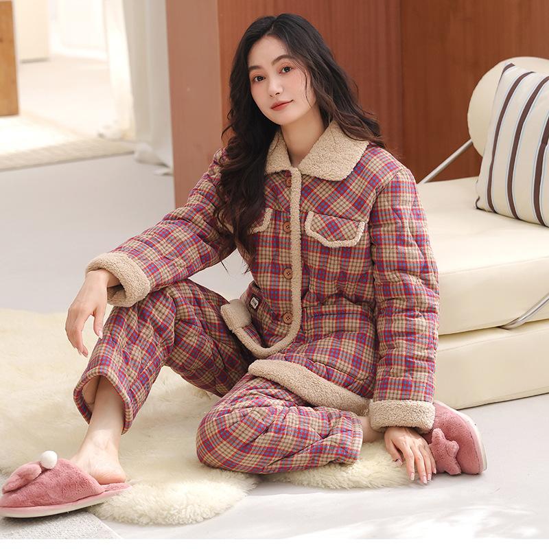 Pajamas Women'S Winter Three-Layer Thickened Velvet Woven Pure Cotton Padded Cotton Winter Padded Jacket Homewear Warm Suit