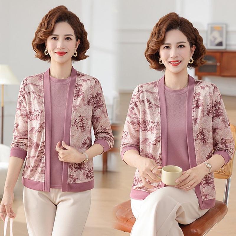 Stylish Knitted Cardigan & T-shirt Set for Middle-aged and Elderly Women - Spring/Autumn Belly-covering Design
