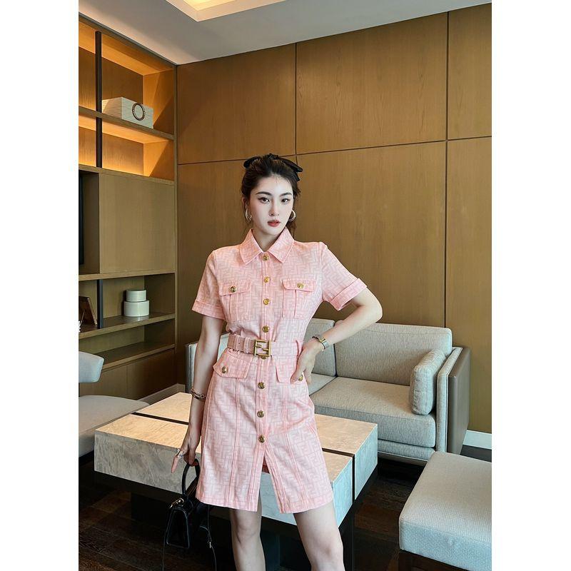 

Nanyou Европейские товары 2025 Лето Новое Классический стиль Лацкан Короткий рукав Однобортный Двойной принт F Джинсовое платье Розовый Picture Color 2XL