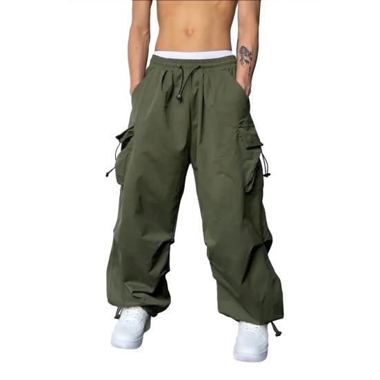 Men Baggy Cargo Pants Solid Color Parachute Pants Loose Fit Jogger Trousers with Side Pockets for Street Outdoor Sports