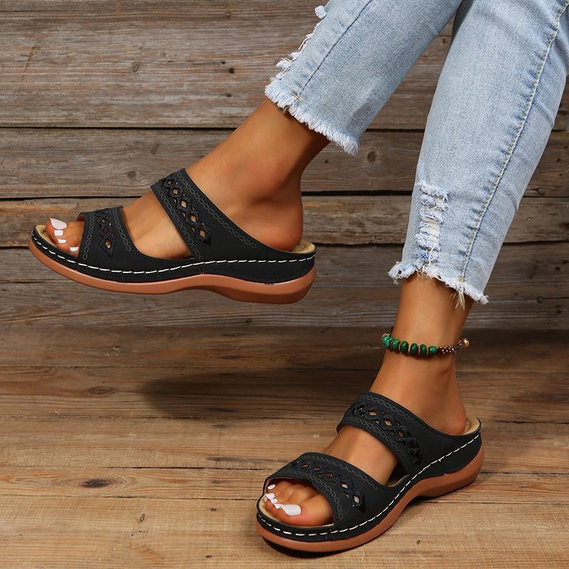 2023 Retro Stitch Plus Size Non-slip Wedge Sandals - Women's One-Strap Slippers