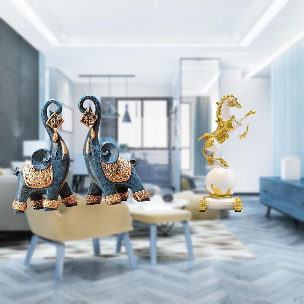 Modern Resin Animal Sculpture Figurine Collection 2Pcs Elephant Horse Statue Ornament for Desktop