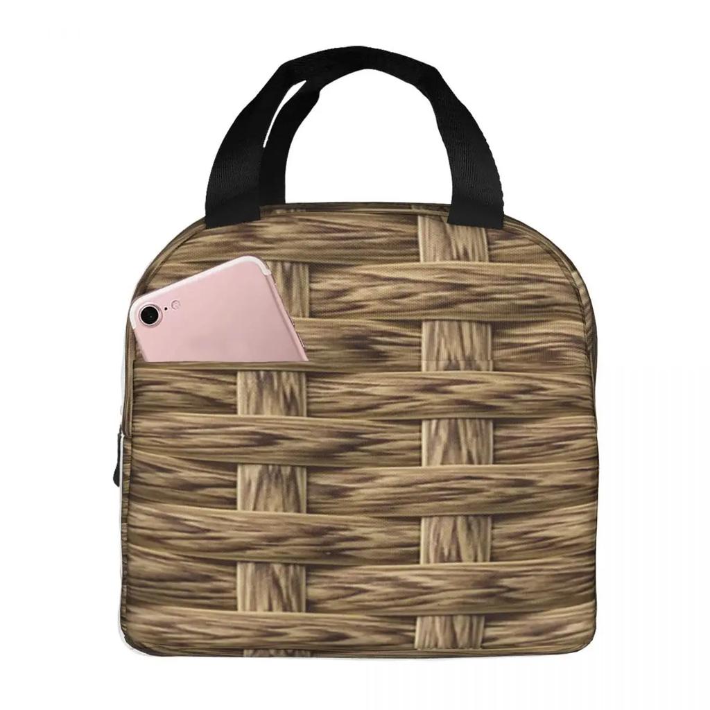 Braided Rattan Wood Wicker Lunch Bags Insulated Bento Box Waterproof Lunch Tote Resuable Picnic Bags for Woman Children Travel