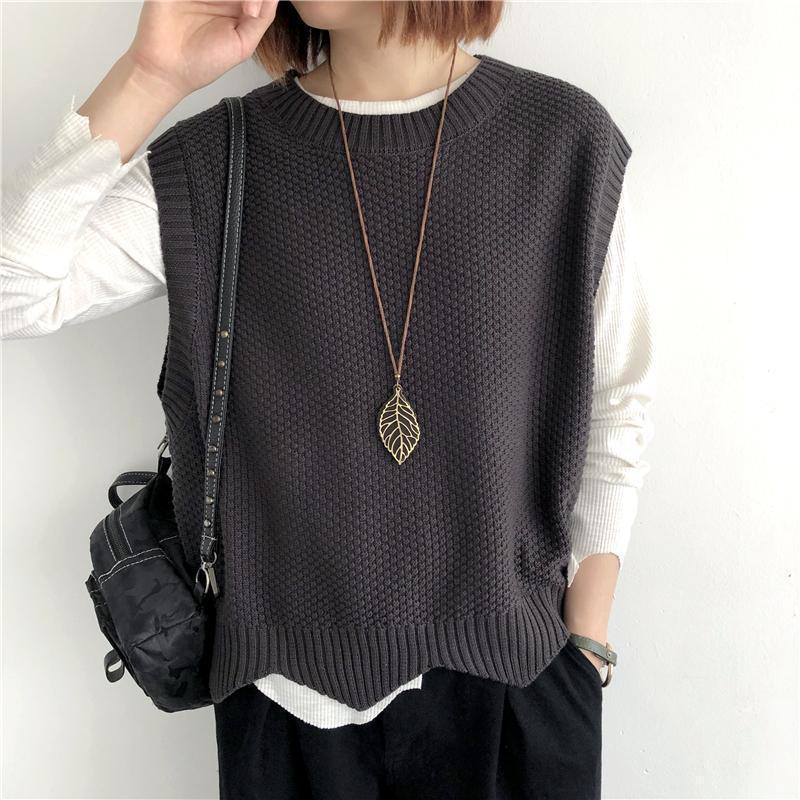 Women's Retro Knitted Vest - 2024 Spring/Autumn Style, Solid Color, Loose Fit, Round Neck, Irregular Pullover Waistcoat.