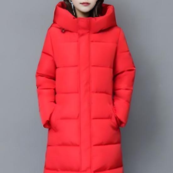 Winter Down Coat Thickened Padded Hooded Stand Collar Knee Length Pockets Zipper Closure Windproof Heat Retention Warm Daily Outwear Cotton Jacket