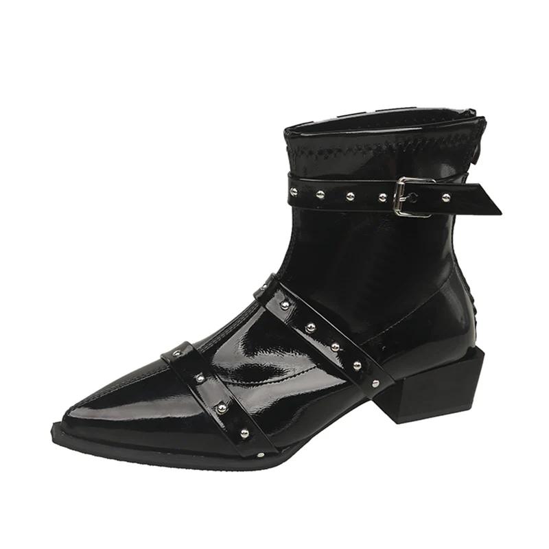 Leather Pointed Toe Women Snow Ankle Boots Mid Heels Fad Sexy Shoes Designer Chunky Winter Botas  Trend Pumps Botas De Mujer