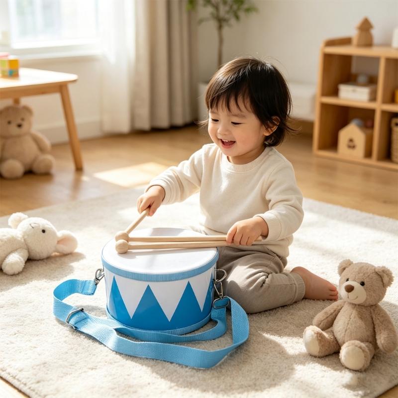 Children's Drum Toy with Wood Frame, Polyester Drumhead, Two Drumsticks, and Strap for Home Play and School Shows