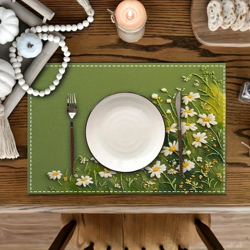 Green Daisy Flower Placemats Nature Floral Table Mats Set Washable Kitchen Dining Decor Linen Coaster