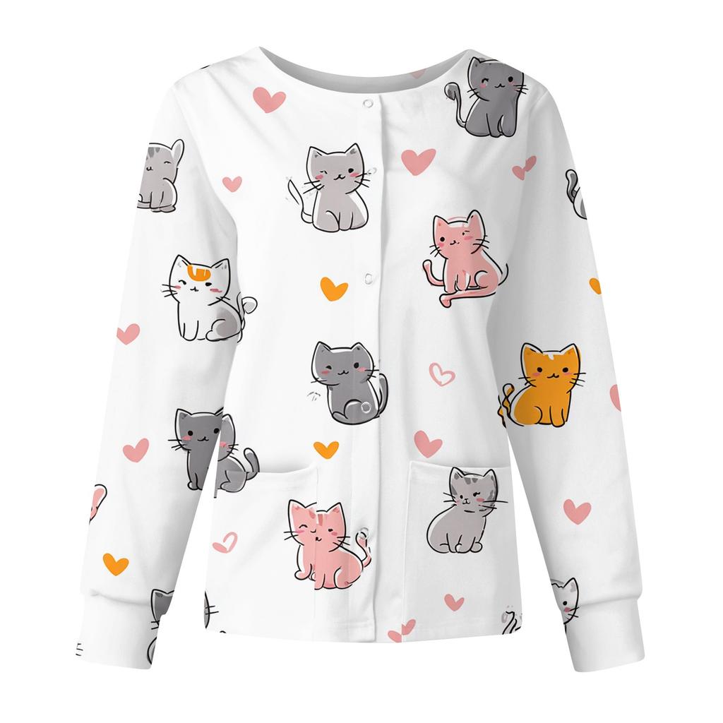 Damen Casual Mode Langarm Stehkragen Einreiher Niedlich Tierisch Bedruckt Arbeitsjacke Oberteile