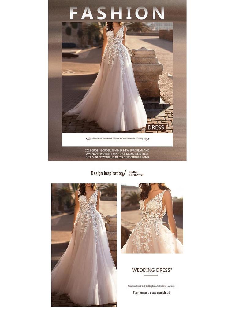 2025 European & American Women's Sleeveless Deep V-Neck Lace Wedding Dress