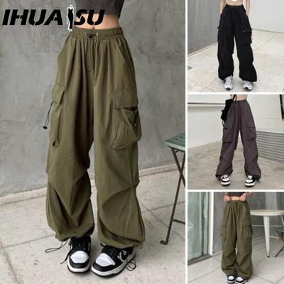 IHUASU Damen Hip Hop Cargo Hose Baggy Einfarbig Elastischer Bund Hose Locker Atmungsaktiv Damen Hose