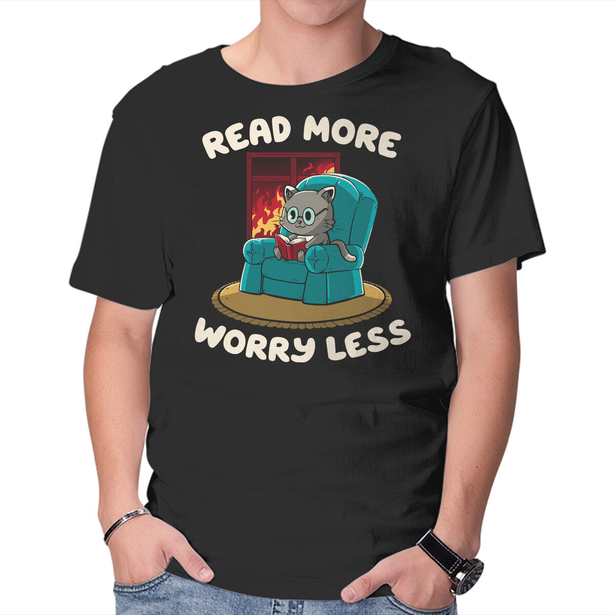 Unisex Crew Neck T-Shirt Read More Worry Less Graphic Short Sleeve Casual Tee M