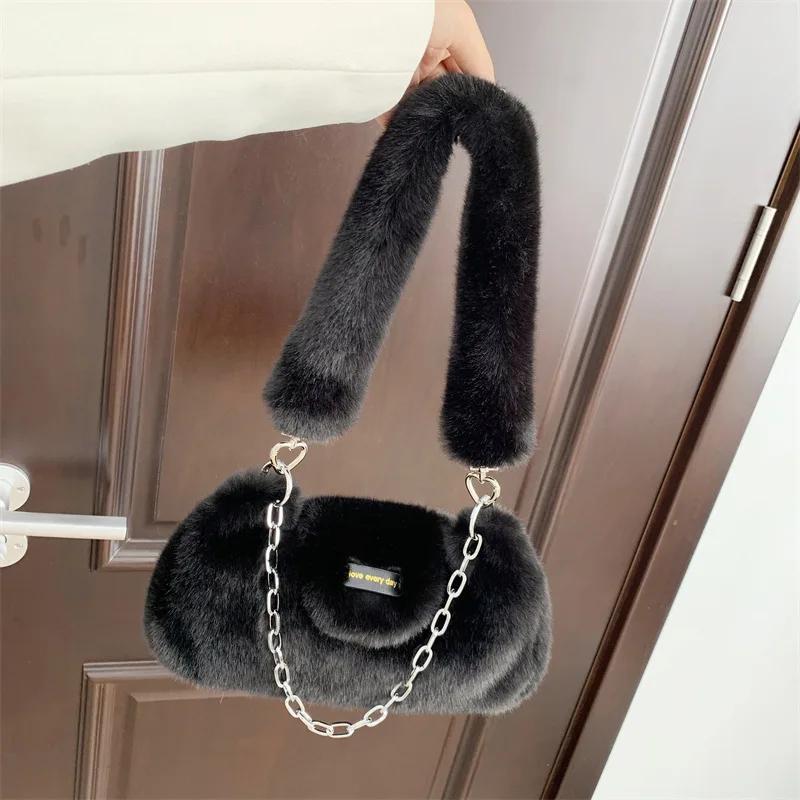 Fashion Solid Color Fake Fur Women's Shoulder Bag Sweet Luxury Plush Ladies Armpit Bags Simple Chain Female Handbag Purse
