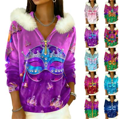 Women's Loose And Comfortable Casual Fashion Half-Zip Hooded Long Sleeve Carnival Print Top