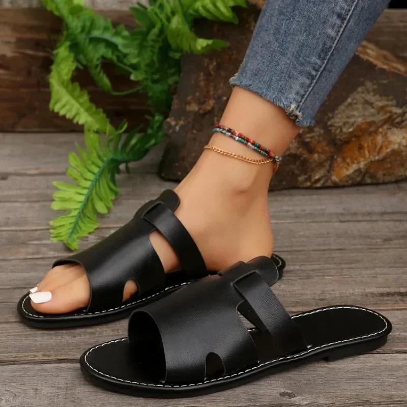 Sommer Einfarbig Flache Sandalen Popula 2024 Zehenfrei Outdoor Hausschuhe Strand Damen Schuhe Übergröße Zapatos De Mujer Pantoletten Absätze