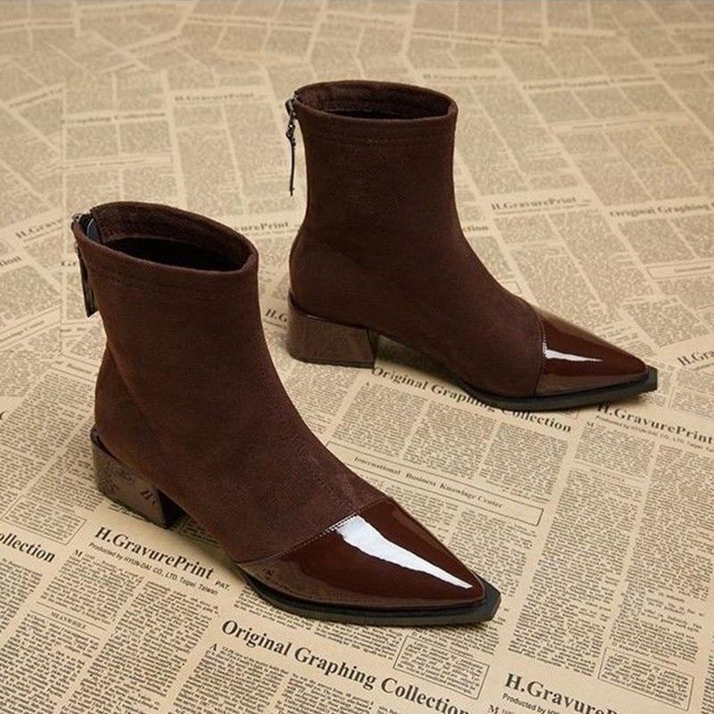 

Женские замшевые ботильоны с острым носком, модные туфли на среднем каблуке, женская тенденция 2025 года, элегантные зимние готические туфли-лодочки, ботинки челси Mujer 40 коричневый