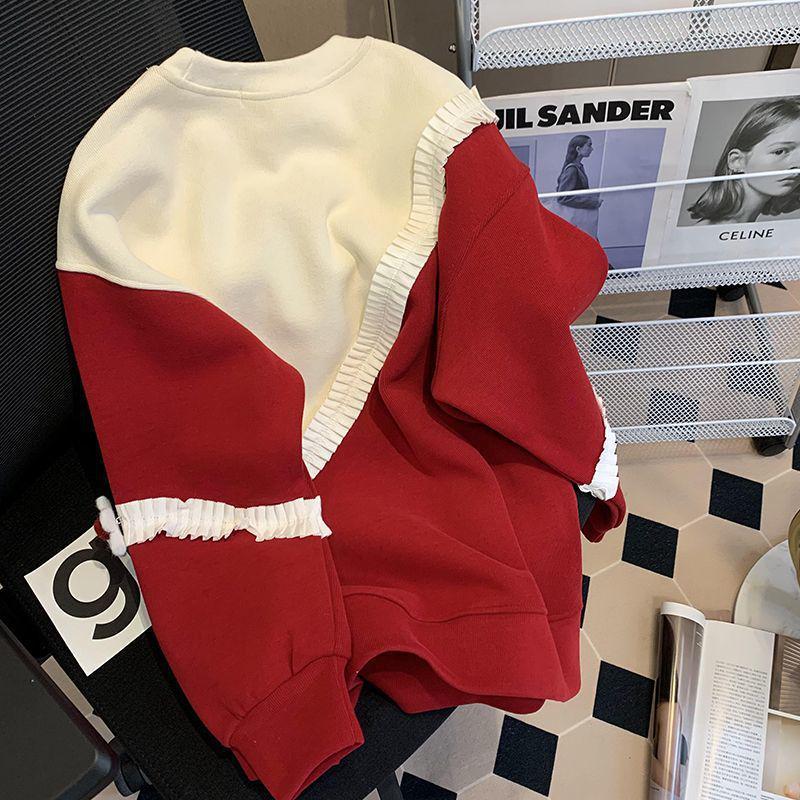 Plus Size Women's Red Fleece Lined Color Block Sweatshirt - Autumn/Winter Thick Long Sleeve Top, 300 Jin Design