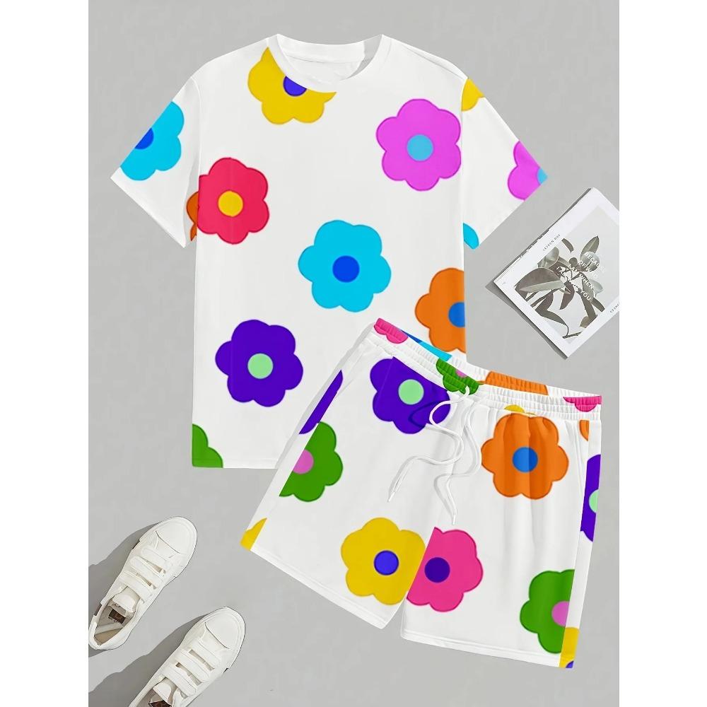 Zomer 2025 nieuwe herenset met kleurrijke bloemenprints, casual set met ronde hals, T-shirt met korte mouwen en korte broek, zomer outdoor