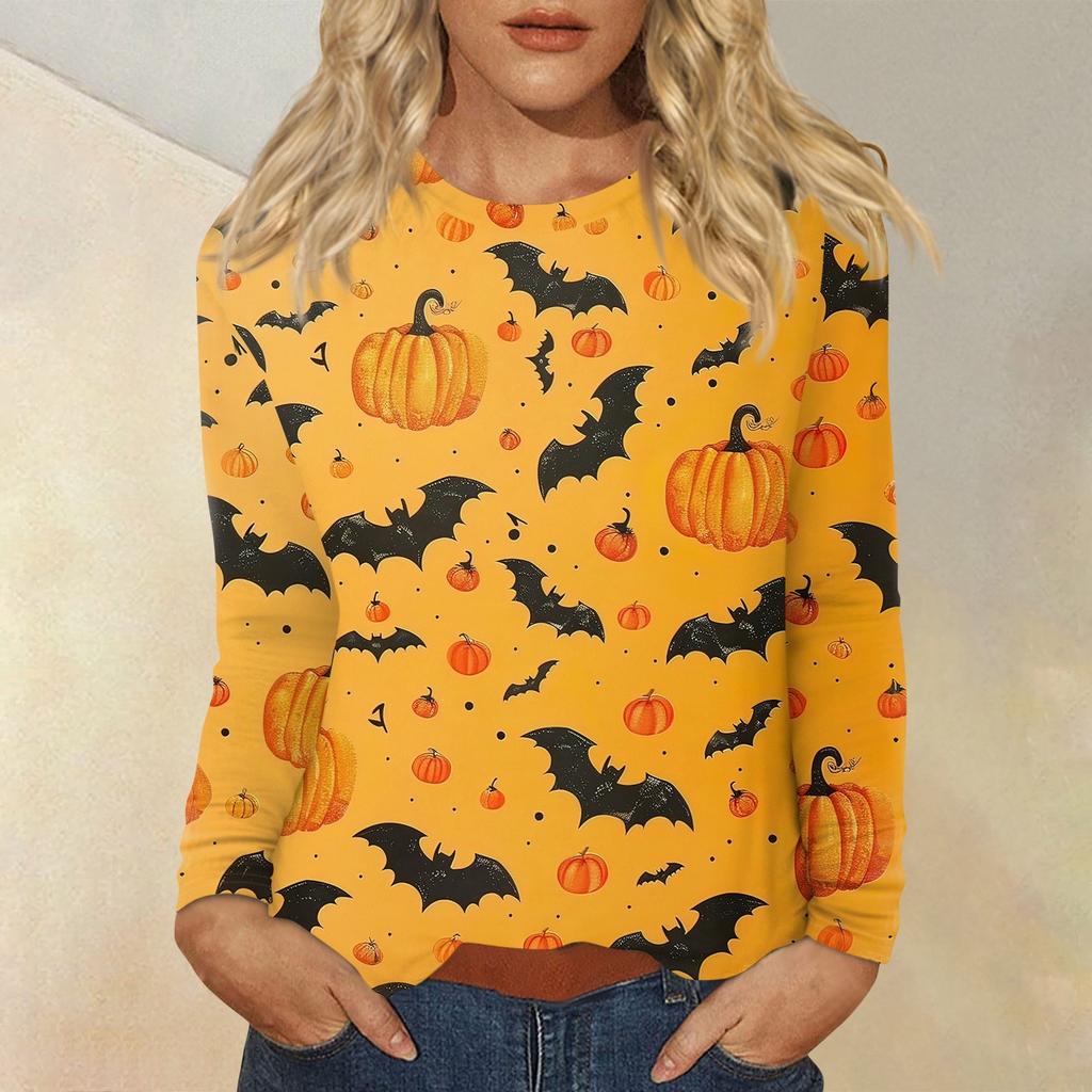 Dámská módní ležérní halenka s potiskem Halloweenu, s kulatým výstřihem a dlouhým rukávem