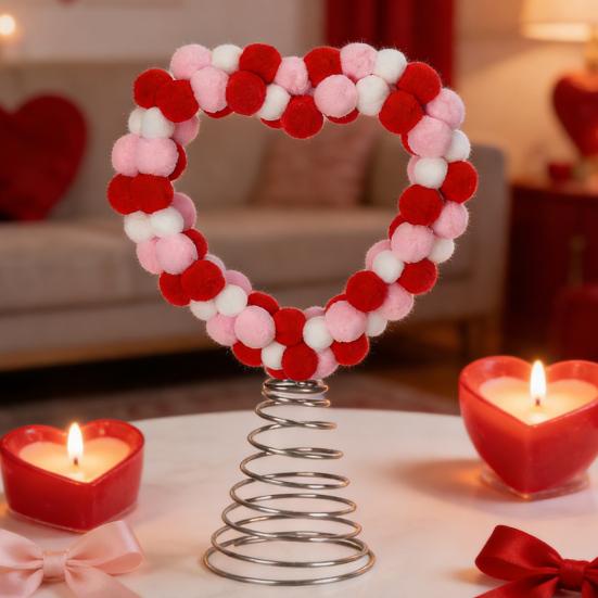 Topo de Árvore Coração Dia dos Namorados Pompons Vermelhos Rosa Brancos Ornamento de Topo de Árvore Amor Coração para Dia dos Namorados Natal Casamento Festa de Aniversário Casa