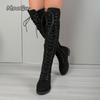 Autumn Winter Women's Knee-High Boots Side Zip Chunky High Heel Long Boots Vintage Suede Front Lace Up Botas Mujer Elegant