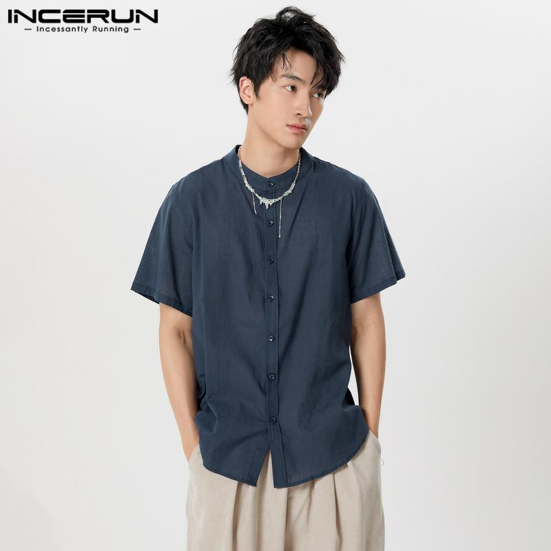 INCERUN Men Short Sleeve Bittons Shirts Summer Casual T-shirts