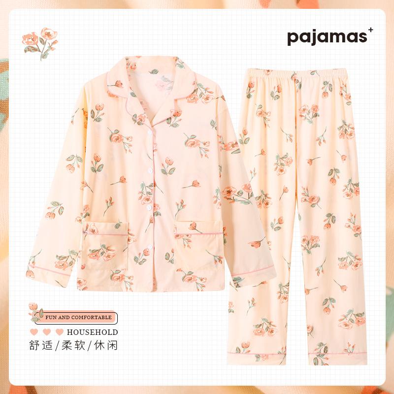 Fashion Flower Spring and Autumn Mom Loose Large Size Homewear Casual Imitation Cotton Long Sleeve Pajamas Two-piece Set Real Shot